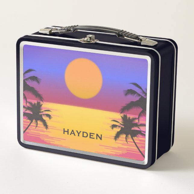 Tropical Sunset Palm Trees Graphic Personalised Metal Lunch Box (Front)