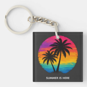 Tropical Sunset Palm Trees Retro Design Key Ring