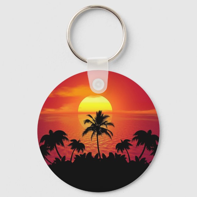 Tropical Sunset Palm Trees Silhouette Beach Key Ring (Front)