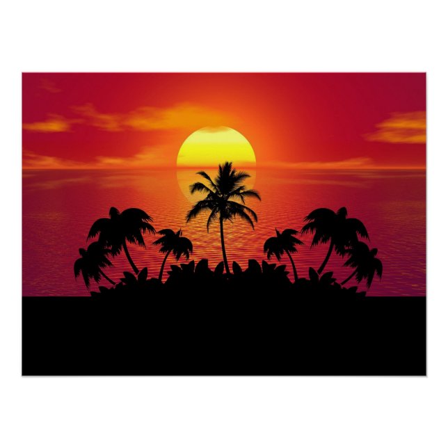 Tropical Sunset Palm Trees Silhouette Beach Poster (Front)