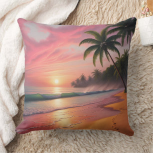 Tropical Sunset Paradise Beach Scene Cushion