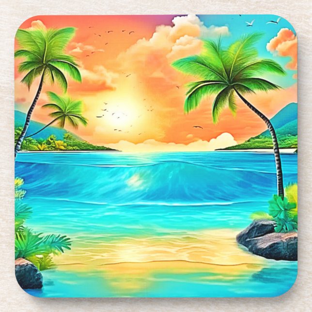 Tropical Sunset Paradise Beach View Coaster (Front)
