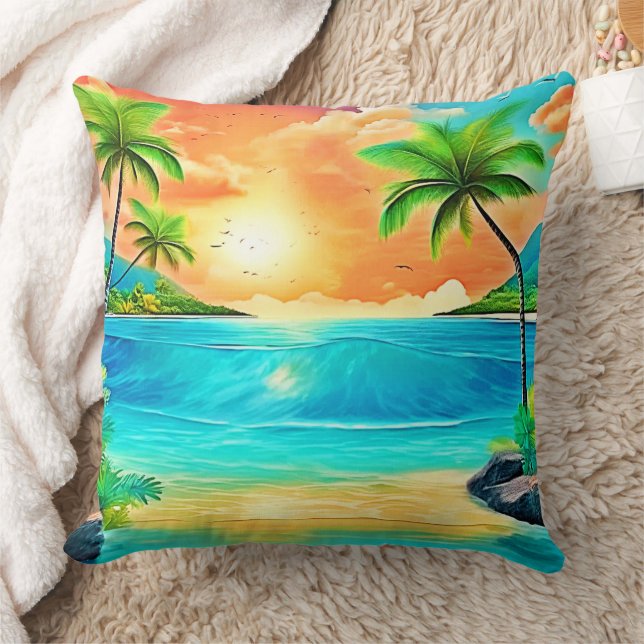 Tropical Sunset Paradise Beach View Cushion (Blanket)
