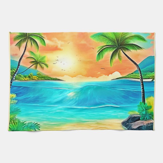 Tropical Sunset Paradise Beach View Tea Towel (Horizontal)