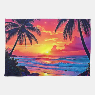 Tropical Sunset Paradise Design Tea Towel
