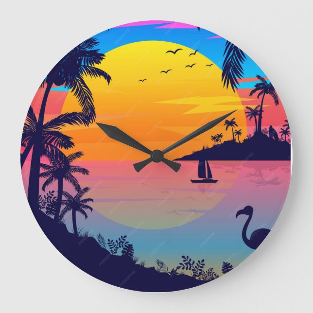 Tropical Sunset Paradise Large Clock (Front)