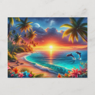Tropical Sunset Paradise Painting Postcard