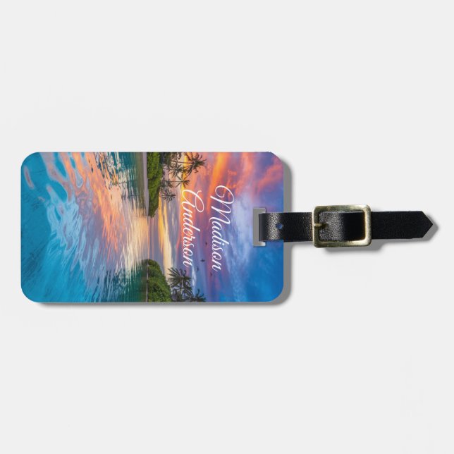 Tropical Sunset Paradise Personalised Luggage Tag (Front Horizontal)