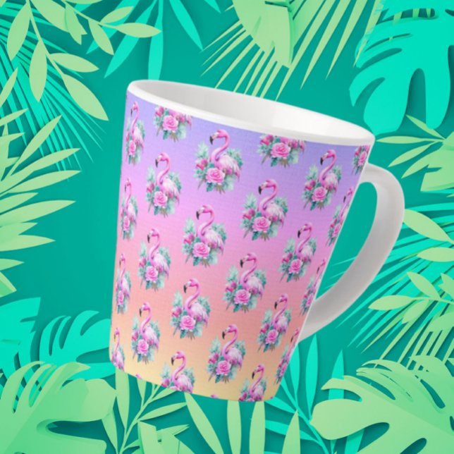 Tropical Sunset Pink Flamingo  Latte Mug (Small latte mug, tropical sunset and flamingos)
