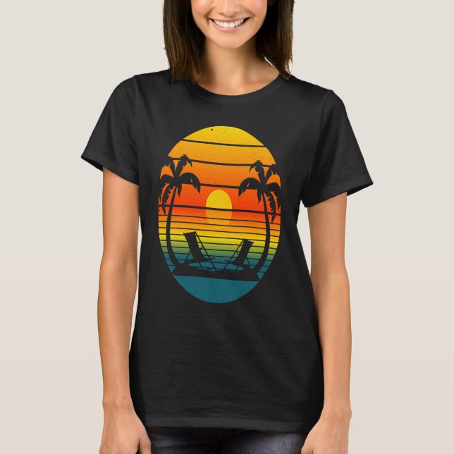 Tropical Sunset Reflective Ocean Palm Trees Beach  T-Shirt (Front)