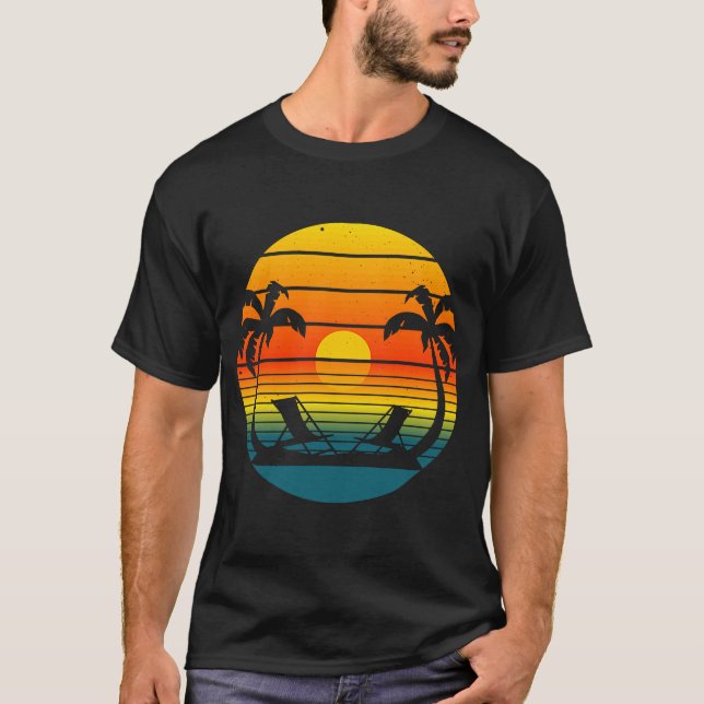 Tropical Sunset Reflective Ocean Palm Trees Beach  T-Shirt (Front)