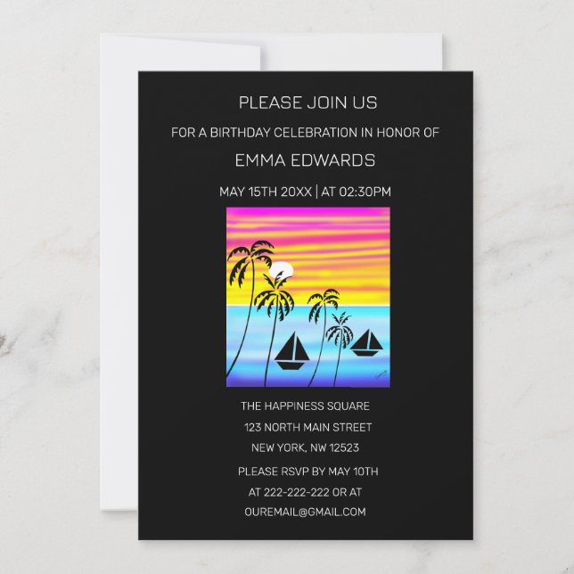 Tropical Sunset Sailing Birthday Invitation (Front)