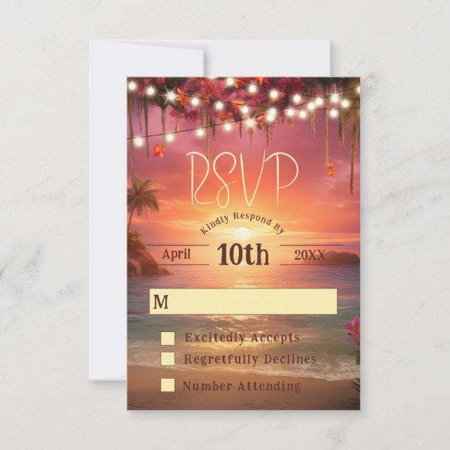 Tropical Sunset String Lights Beach Wedding RSVP Card (Front)