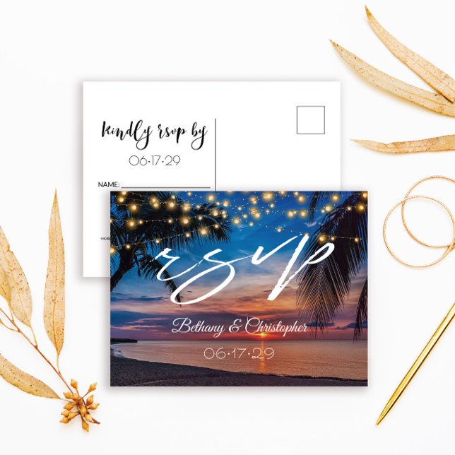 Tropical Sunset String Lights Beach Wedding RSVP Invitation Postcard (Creator Uploaded)