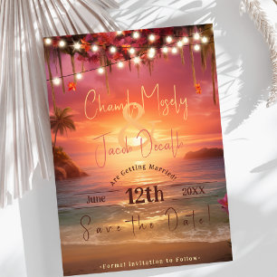 Tropical Sunset String Lights Beach Wedding Save The Date
