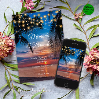 Tropical Sunset String Lights Palm Beach Wedding Invitation