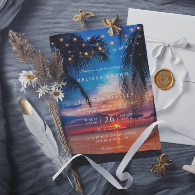 Tropical Sunset String Lights Palm Elegant Wedding Invitation (Creator Uploaded)