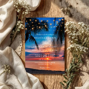 Tropical Sunset String Lights Palm QR Code Wedding Invitation