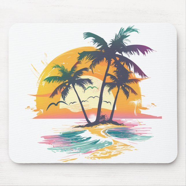 Tropical Sunset Vibes – Palm Trees & Beach Design Mouse Pad (Front)
