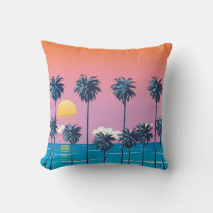 Tropical Sunset: Vintage Beach Illustration Cushion