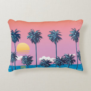 Tropical Sunset: Vintage Beach Illustration Decorative Cushion