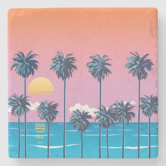 Tropical Sunset: Vintage Beach Illustration Stone Coaster