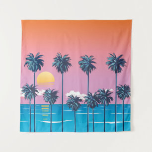 Tropical Sunset: Vintage Beach Illustration Tapestry