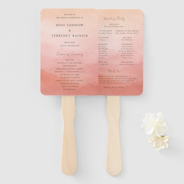 Tropical Sunset Watercolor Elegant Wedding Program Hand Fan (Front and Back)