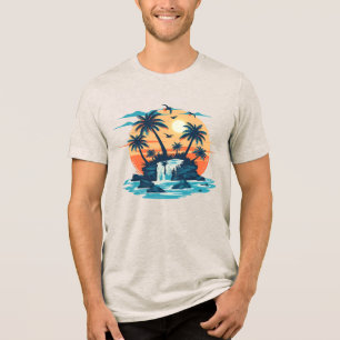 Tropical Sunset Waterfall Graphic T-Shirt Tri-Blend Shirt
