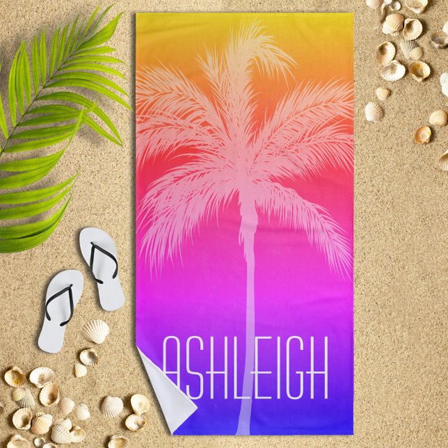 Tropical Sunset White Palm Personalised Beach Towel (Creator Uploaded)