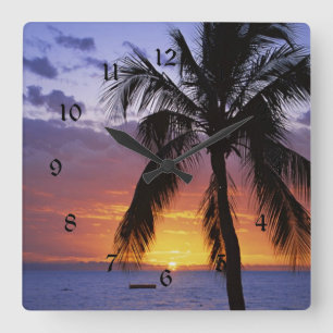 Tropical Sunset with Palm Tree Square Wall Clock