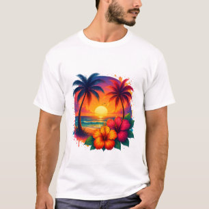 Tropical Sunset with Palm Trees and Hibiscus T-Shirt