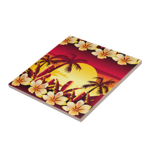 Tropical sunset with palms ceramic tile