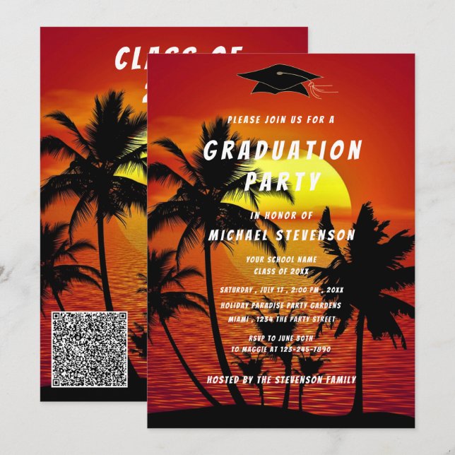 Tropical Sunset Your QR Code Graduation Invitation (Front/Back)