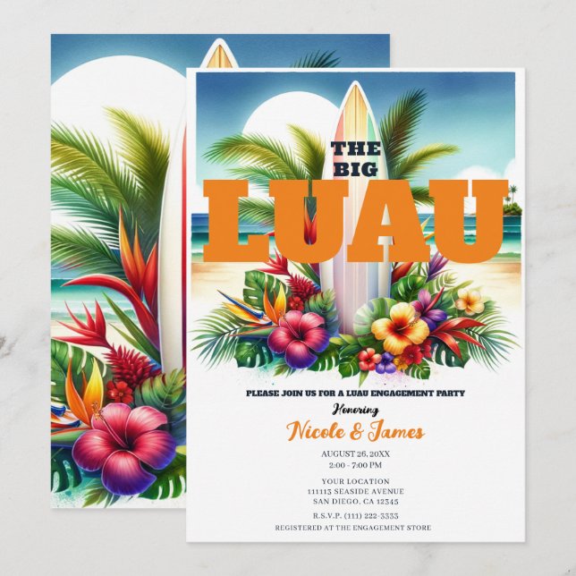 Tropical Surfboard Pool Party Luau Engagement  Invitation (Front/Back)
