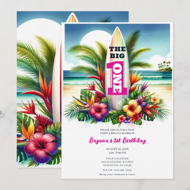 Tropical Surfboard The Big ONE 1st Birthday Party Invitation (Front/Back)