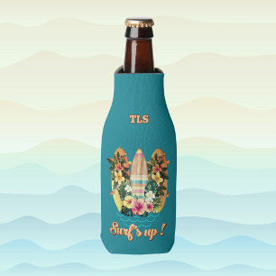 Tropical Surfboards Hawaiian Flowers Teal Monogram Bottle Cooler