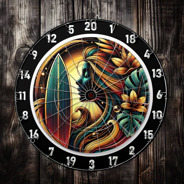 Tropical Surfer Golden Sunset Glow Art Dartboard (Creator Uploaded)