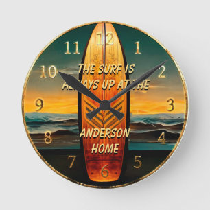 Tropical Surfing Ocean Family Name Round Clock