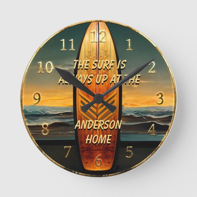 Tropical Surfing Ocean Family Name Round Clock (Front)