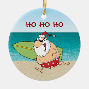 Tropical Surfing Santa Christmas Ornament