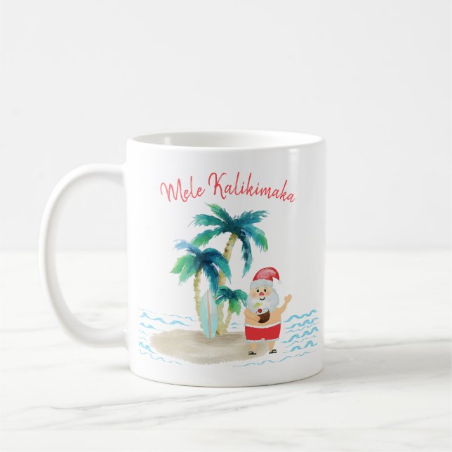 Tropical Surfing Santa Mele Kalikimaka Christmas Coffee Mug (Left)
