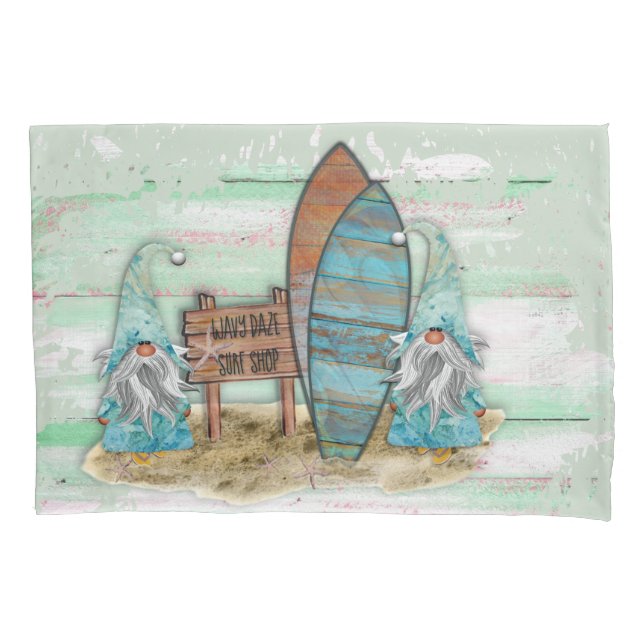 Tropical Surfing Watercolor Beach Gnomes Pillowcase (Front)