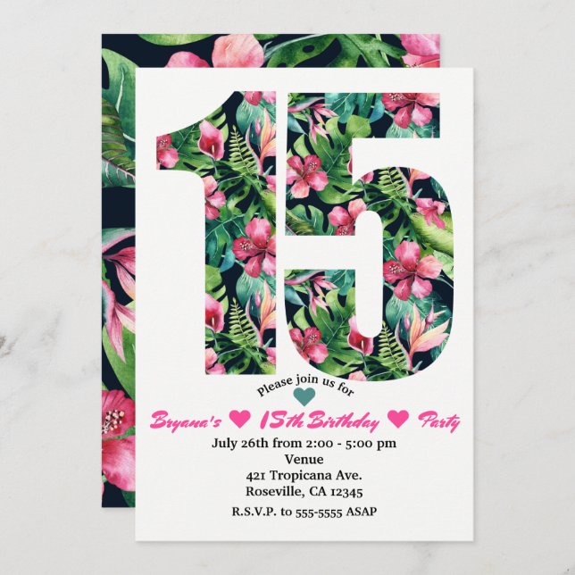 Tropical Sweet 15 15th Birthday Party Invitation (Front/Back)