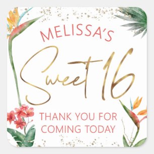 Tropical Sweet 16 Palm Leaf Watercolor Gold Script Square Sticker