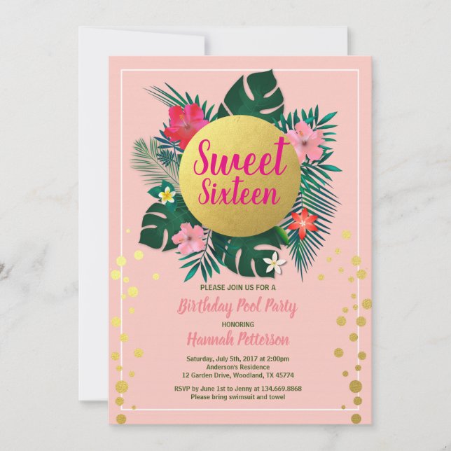 Tropical sweet sixteen 16 pool party pink and gold invitation (Front)
