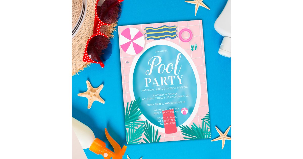 Tropical swimming pool scene fun pool party invitation | Zazzle