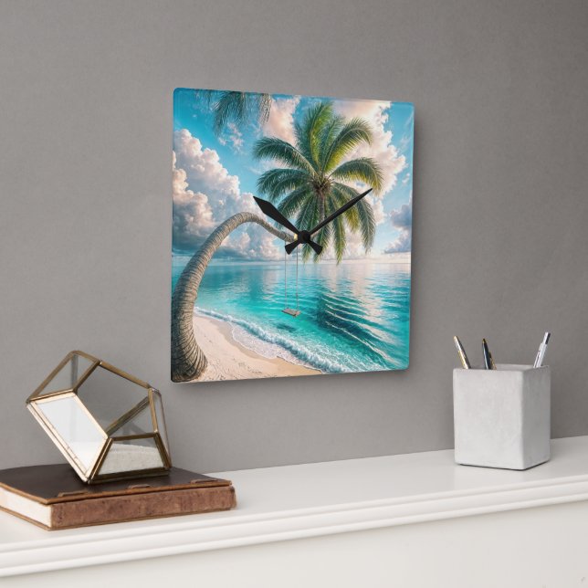 Tropical Swing Hanging From Palm Tree Square Wall Clock (Office)