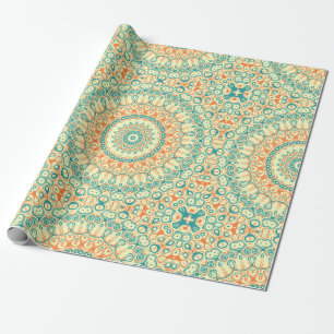 Tropical Teal and Orange Mandala Pattern Wrapping Paper