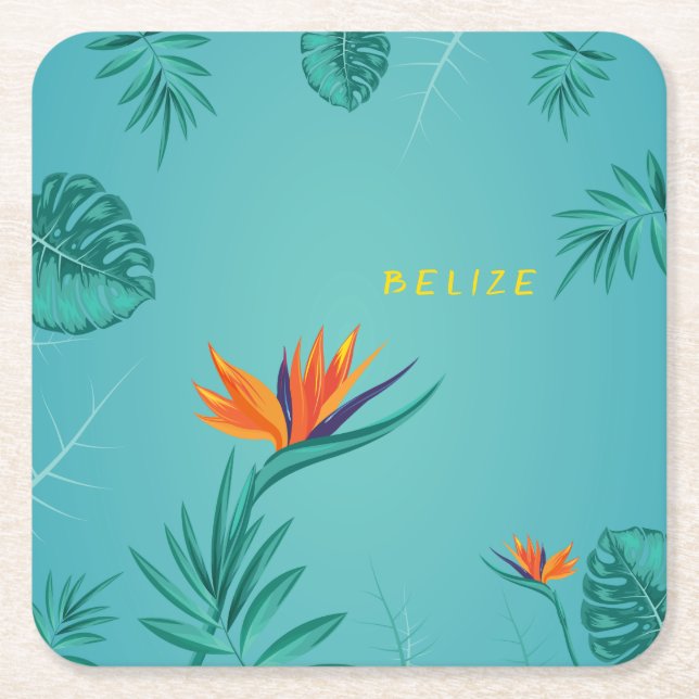 Tropical Teal Blue Green Palm Monogram Belise Square Paper Coaster (Front)